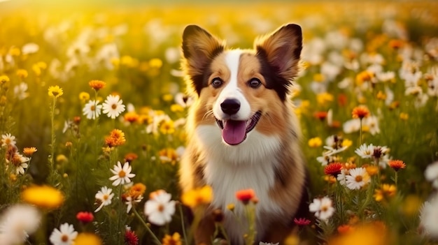 Affascinante cane corgi con fiori in primavera IA generativa