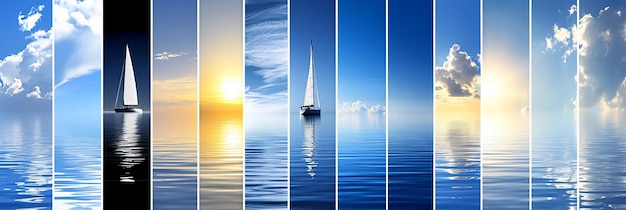 Affascinante collage di viaggi marittimi con linee verticali bianche e affascinanti segmenti di luce brillante