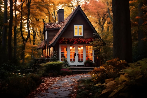 affascinante cottage immerso in una foresta autunnale che rappresenta un tranquillo rifugio durante l'equinozio