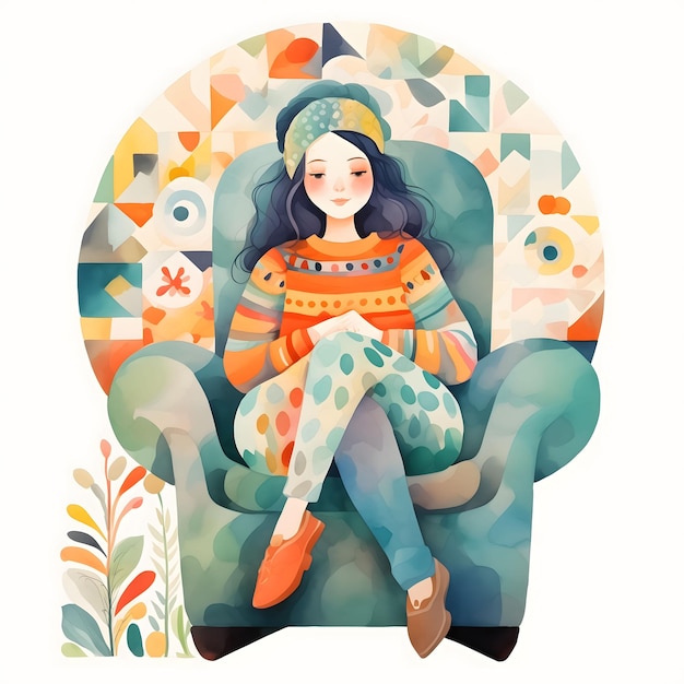 Affascinante donna acquerello seduta sulla sedia patchwork Iban Arte e illustrazioni infantili