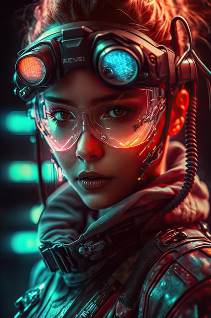 Affascinante donna Cyborg Cyberpunk in posa con luci al neon