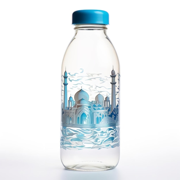 Affascinante e bella bottiglia d'acqua a tema islamico isolata su sfondo bianco
