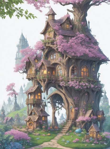 Affascinante fantasia fata casa sentiero fata bosco sfondo natura legno casa per bambini mano