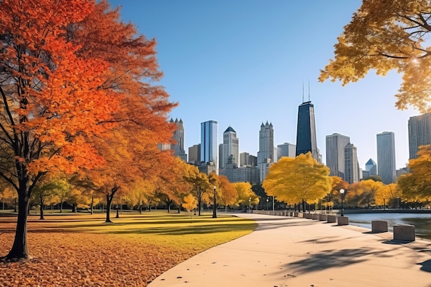 Affascinante fascino autunnale I grattacieli di Grant Park adornati con vibranti colori autunnali a Chicago