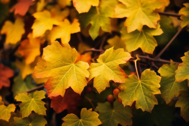 Affascinante fogliame autunnale Un primo piano di foglie di vigna verdi e gialle con un suggestivo sfondo di 32 g