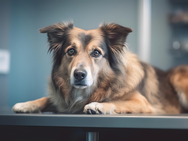 Affascinante fotografia di un cane anziano nell'ufficio di un veterinario con la pelliccia marrone morbida con tocchi di grigio