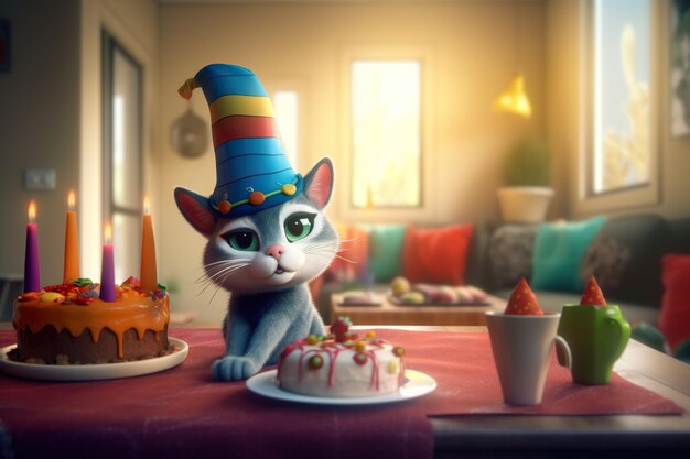 Affascinante gatto di cartoni animati 3D che indossa un cappello festivo che si diverte del suo compleanno