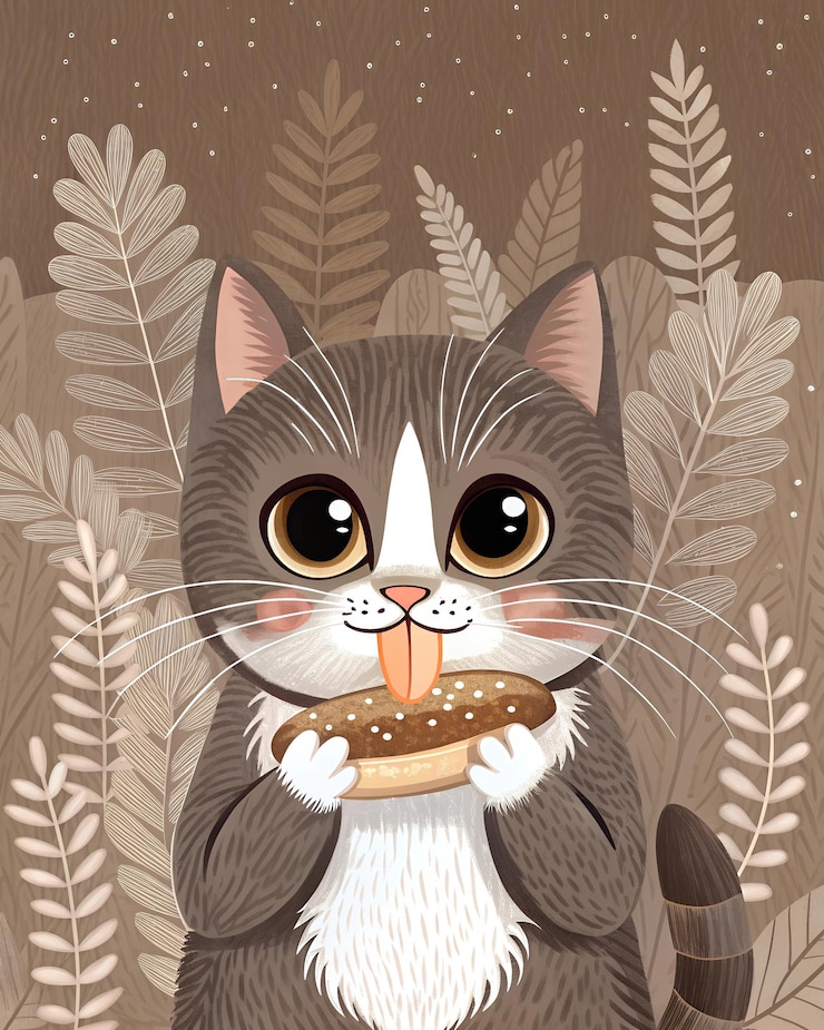 Foto affascinante illustrazione in stile racconto in colori monocromatici marrone e grigio un gattino carino mangia un hot dog e una salsiccia in mezzo a un campo di piante e fiori