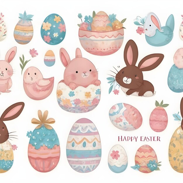 Affascinante illustrazione pasquale con coniglio e uova colorate