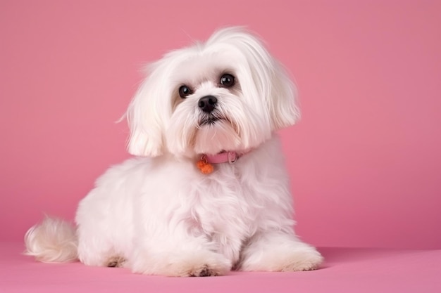 Affascinante piccolo servizio fotografico di cagnolino maltese in studio su uno sfondo rosa