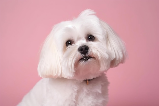 Affascinante piccolo servizio fotografico di cagnolino maltese in studio su uno sfondo rosa