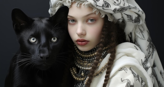 Affascinante primo piano di una ragazza bianca gotica con una pantera nera minimalista eterna malinconia