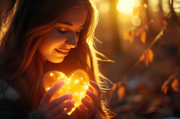 Affascinante ragazza d'autunno, cuore luminoso, genera Ai.