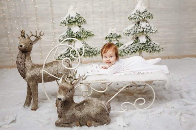 Affascinante ragazza sdraiata sulla slitta della neve di Natale intorno al cervo, girato in studio.