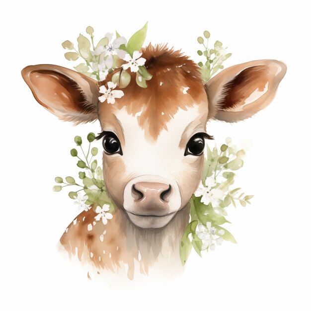 Affascinante ritratto ad acquerello di una mucca con una corona floreale