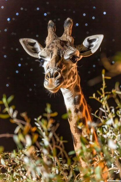 Affascinante ritratto notturno di una giraffa con stelle scintillanti sullo sfondo e natura