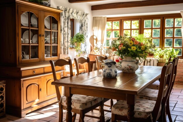 Affascinante sala da pranzo di campagna con mobili rustici e delicati disegni floreali che creano un'atmosfera accogliente