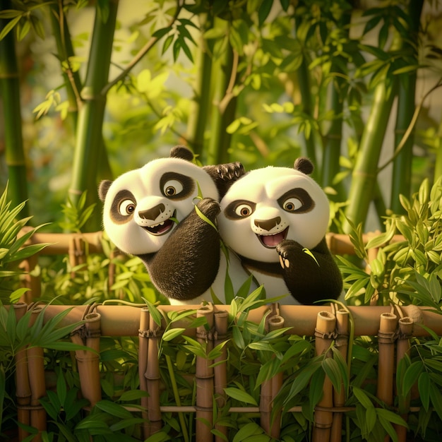 Affascinante scena di cartoni animati in 3D Panda coccolosi nel Bamboo Haven