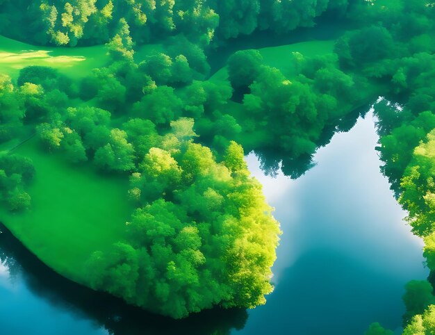 affascinante veduta aerea di un fiume calmo che serpeggia attraverso una valle lussureggiante