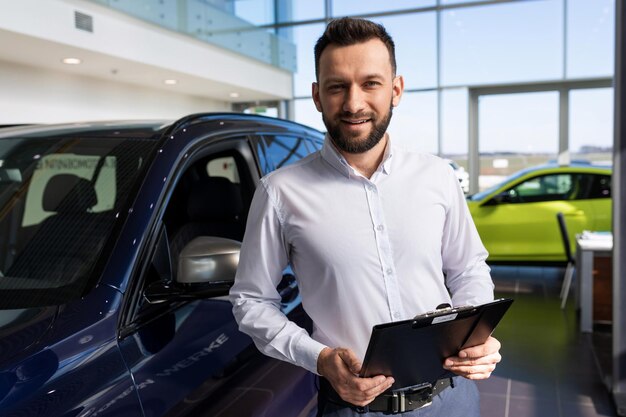 Affascinante venditore in una concessionaria di automobili sullo sfondo di nuove auto premium