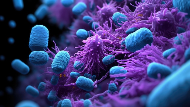 Affascinante vista microscopica Batteri blu e rosa di forma irregolare galleggianti in una colonia raggruppata