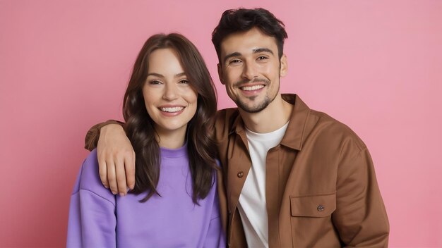 Affascinanti amici maschi e femmine sorridendo su uno sfondo rosa donna in maglietta viola e uomo in b