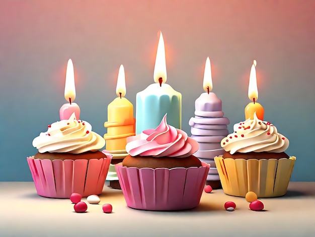 Affascinanti cupcakes vettoriali giapponesi con candele accese per rendering adorabili di compleanni e celebrazioni