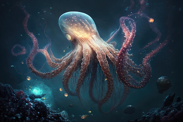 Affascinanti polpi fantastiche meduse nello spazio con tentacoli sparsi creati con intelligenza artificiale generativa