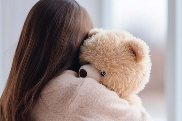 Affetto timido abbraccio delicato di una ragazza al suo orsacchiotto che rivela affascinante timidezza