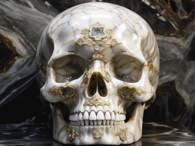Affresco in marmo bianco scolpito di cranio fronte con ornamento d'oro su sfondo nero Creato con tecnologia Generative AI
