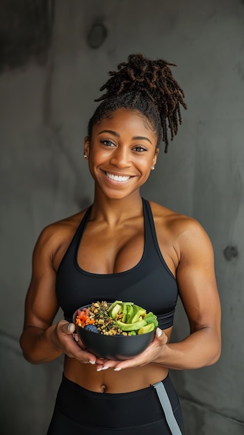 africano americano e gioioso giovane femmina preparato insalata di cibo fresco