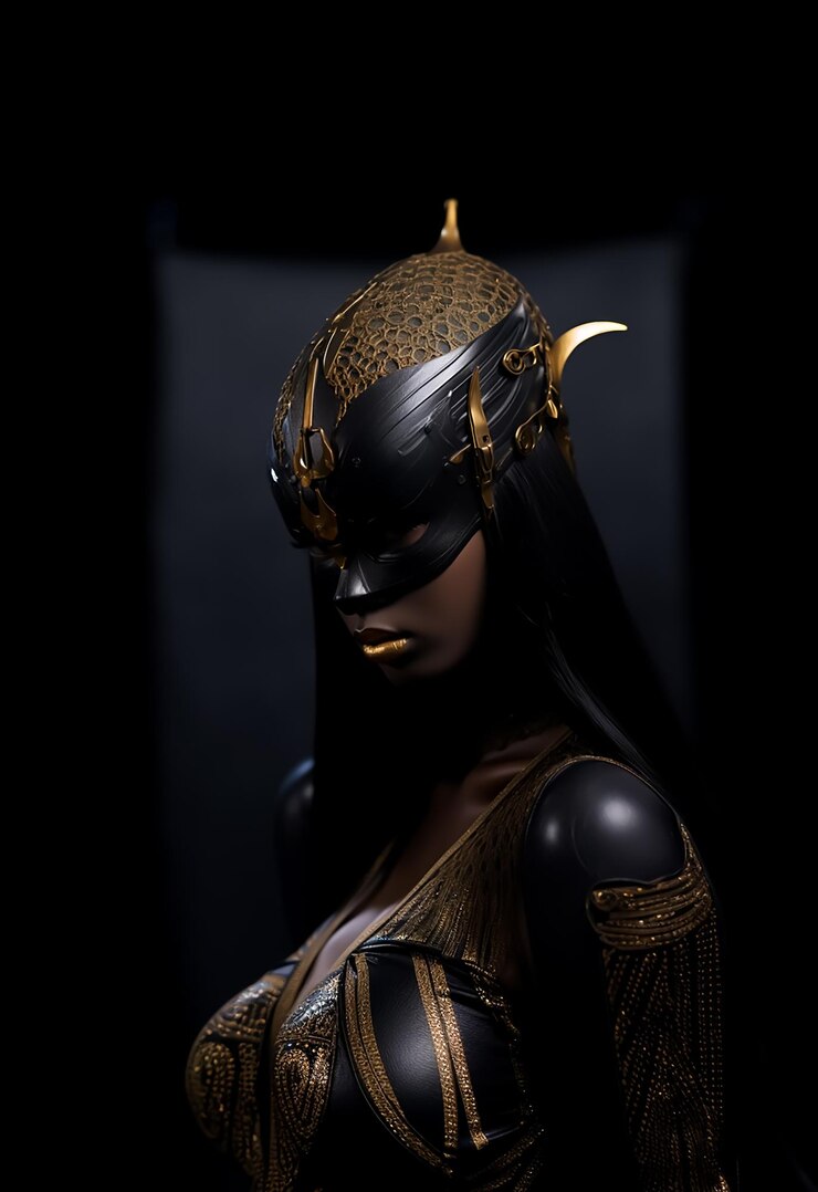 Afro warrior Queen in Golden mask full warrior costumes beautiful dark skin model Fantasy costume