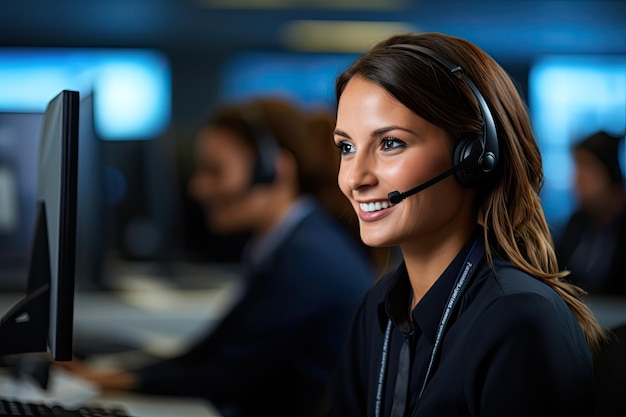 agente di call center in un ambiente d'ufficio affollato che indossa un auricolare che fornisce un servizio clienti eccezionale multitasking con doppio monitor che cattura l'intensità e la concentrazione del lavoro