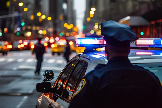 Agente di polizia vicino all'auto con le luci in strada della città con messa a fuoco selettiva e bokeh