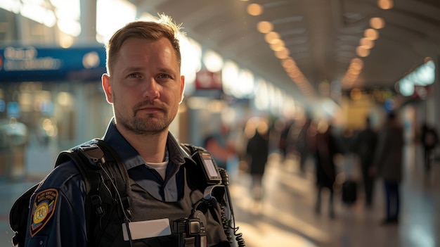 Agente di sicurezza dell'aeroporto in uniforme con attrezzature di sicurezza