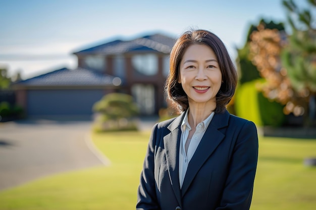 Agente immobiliare asiatica in piedi fuori dalla proprietà di casa