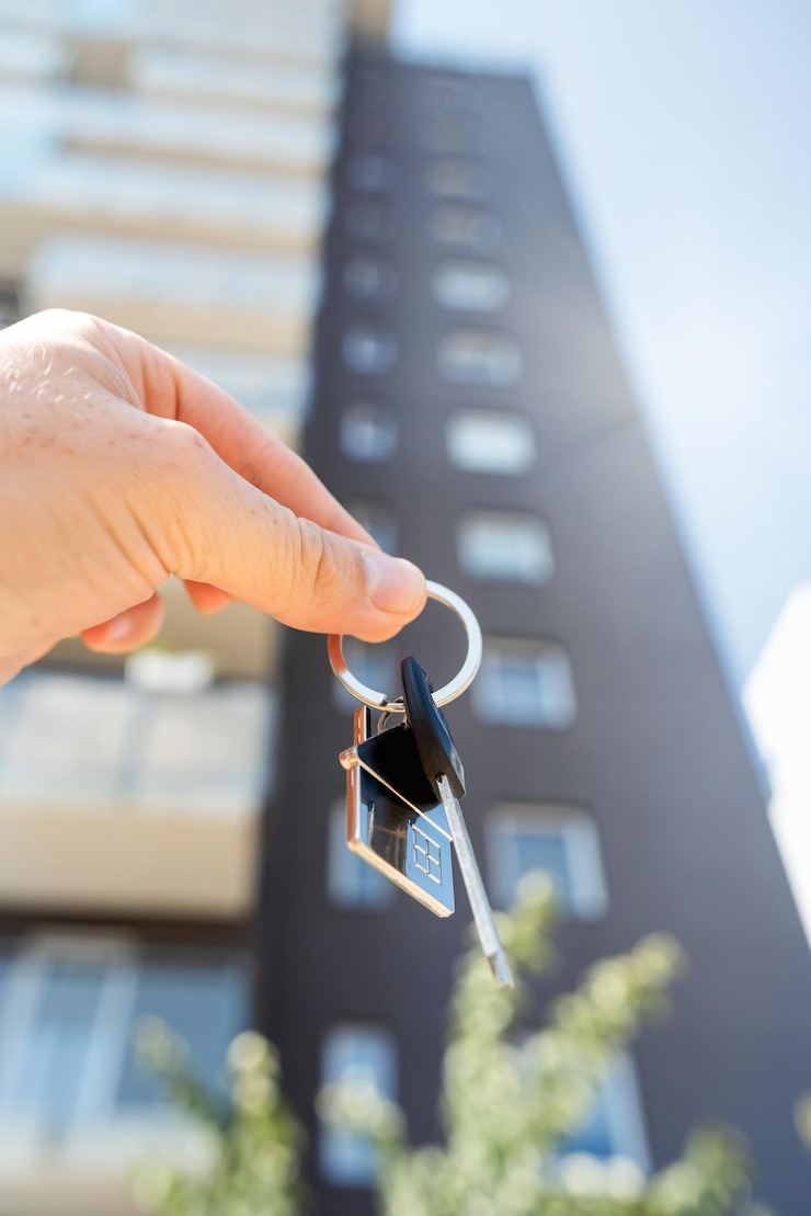 Foto agente immobiliare donna in possesso della chiave della casa sullo sfondo di nuovi edifici concetto di acquisto all'aperto