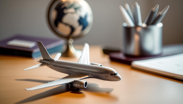 Agenzia di viaggi, aereo sulla scrivania, sfondo bokeh, spazio per il testo