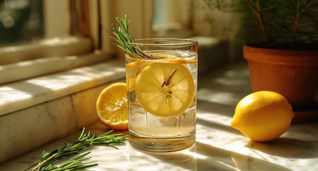 aggiungere acqua calda al limone e al rosmarino rinfrescante delizioso e sano