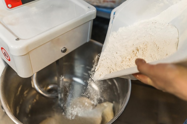 Aggiungere farina nella macchina miscelatrice elettrica per impastare il concetto di cucina dell'impasto