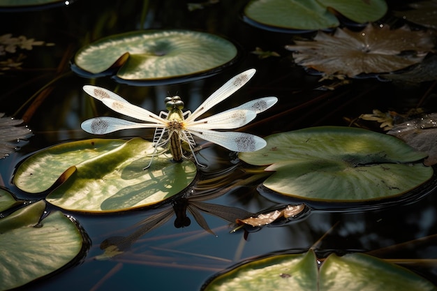Aggraziata libellula che si posa sul giglio bianco Serenità naturale IA generativa