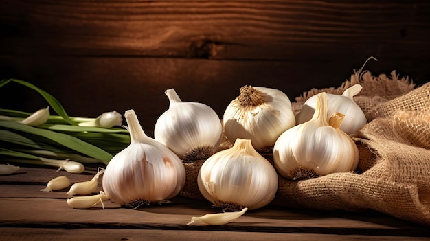 Aglio biologico fresco sulla tavola di legno