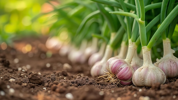 Aglio biologico in un campo di aglio coltivato con un grande spazio di copia un concetto di tipo di raccolta biologica