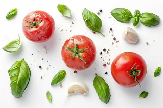 aglio di pomodoro e basilico isolati su sfondo bianco vista dall'alto