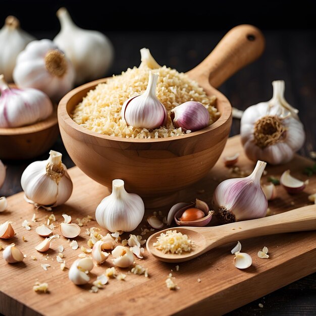 Aglio macinato in cucchiaio su tavola di legno