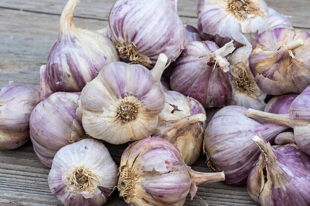 Aglio su sfondo vintage in legno Piantine per piantare aglio