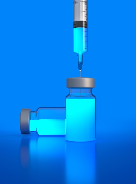 Ago medico che entra in una fiala di vetro di vaccino su sfondo blu Vaccino per il rendering 3D