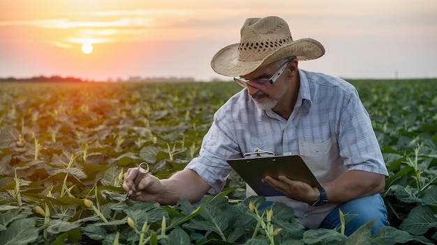 Agricoltore agronomico senior in un campo di soia che osserva e controlla le colture prima del raccolto