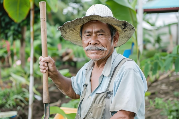 Agricoltore anziano con la pala in un giardino tropicale