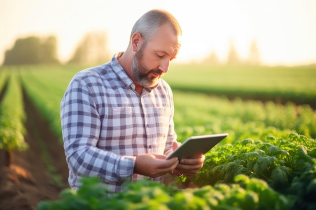 Agricoltore armato di tablet che monitora la crescita del raccolto